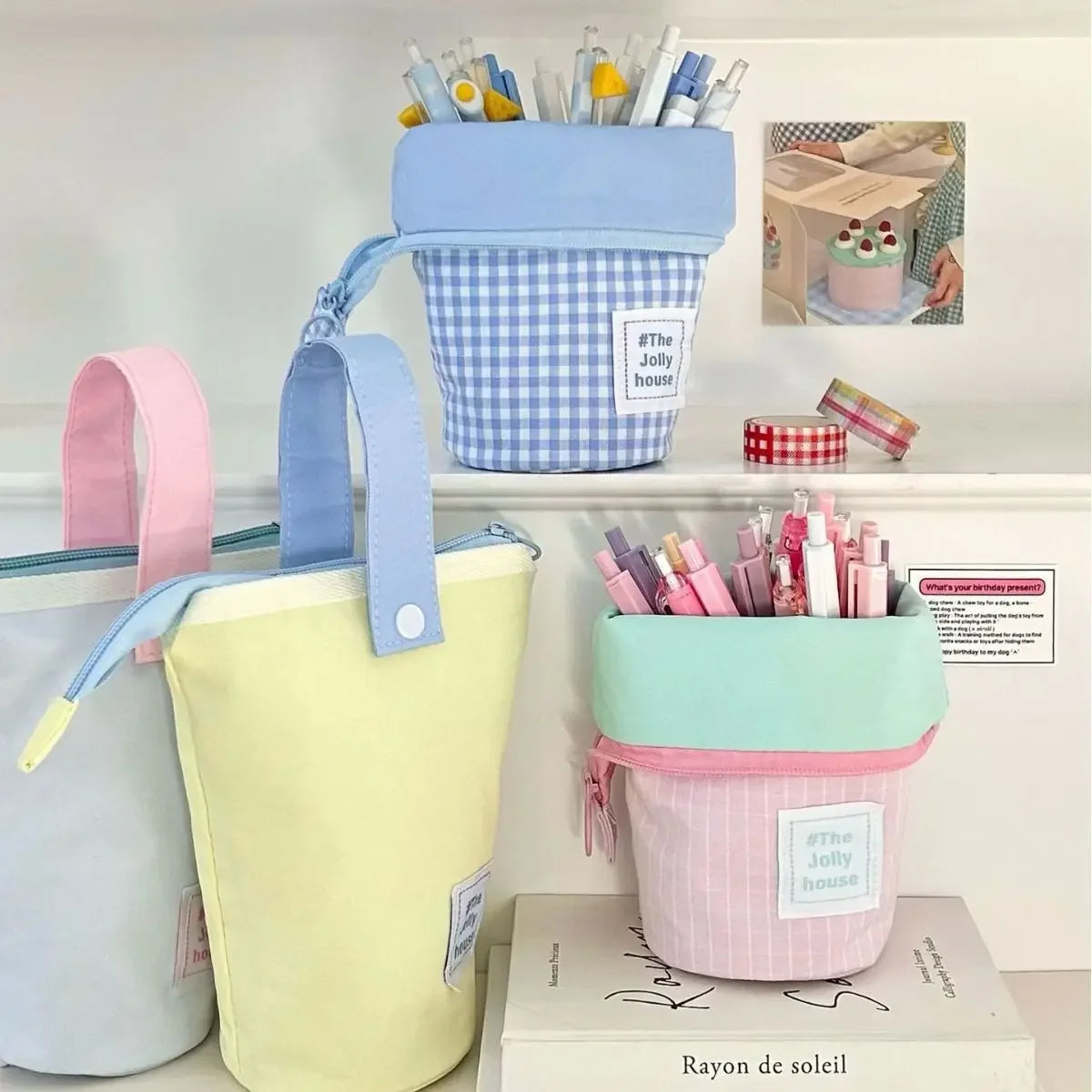 LIZAKOSHT  -  Contrast Color Plaid Women's Bucket Storage Bags Simple Canvas College Girls Pencil Case Clutch Purse Handbags Cosmetic Bag