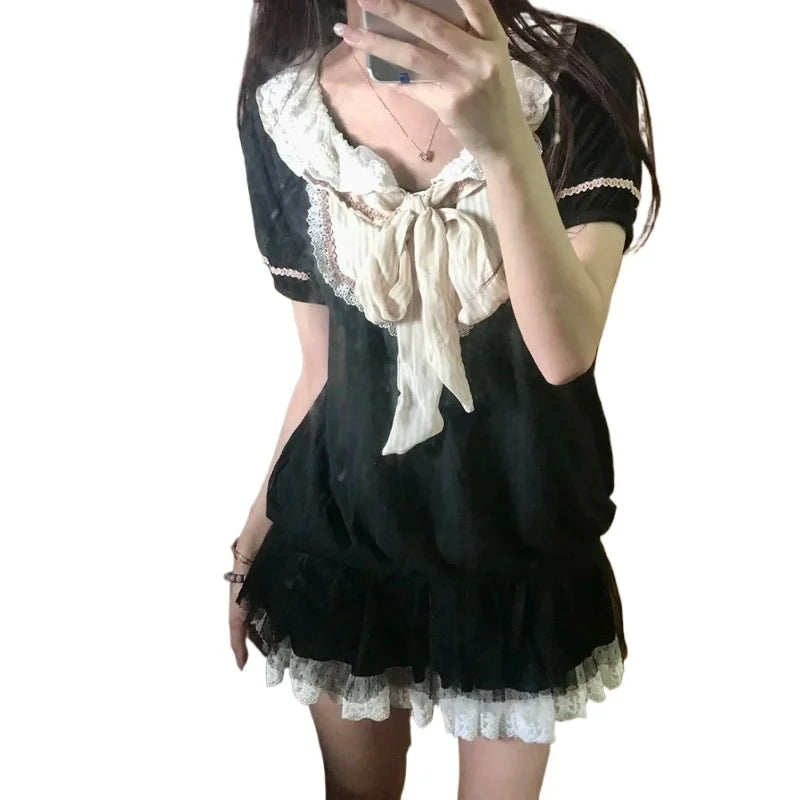 LIZAKOSHT  -  2000s Japan Style Kawaii Lolita Slim Dress Y2k Harajuku Vintage Sweet Summer Short Party Dress Lace Bow Patchwork Mini Dress
