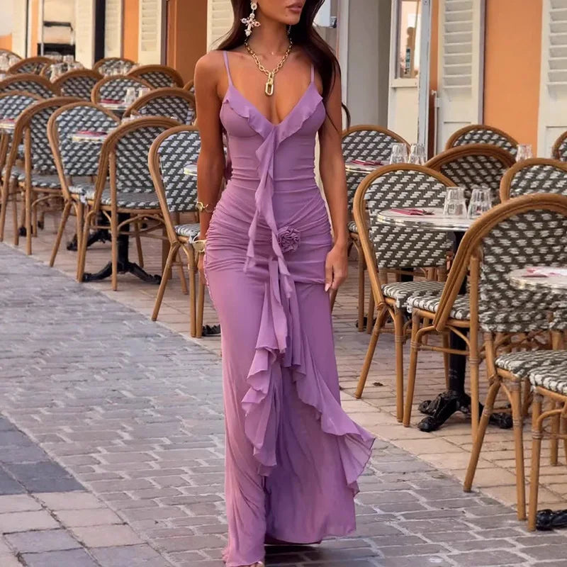 LIZAKOSHT  -  Ladies Sexy Deep V Neck Ruffle Slim Bodycon Dress Spring Solid Flower Draped Party Dress Summer Backless Straps Long Dress Mujer