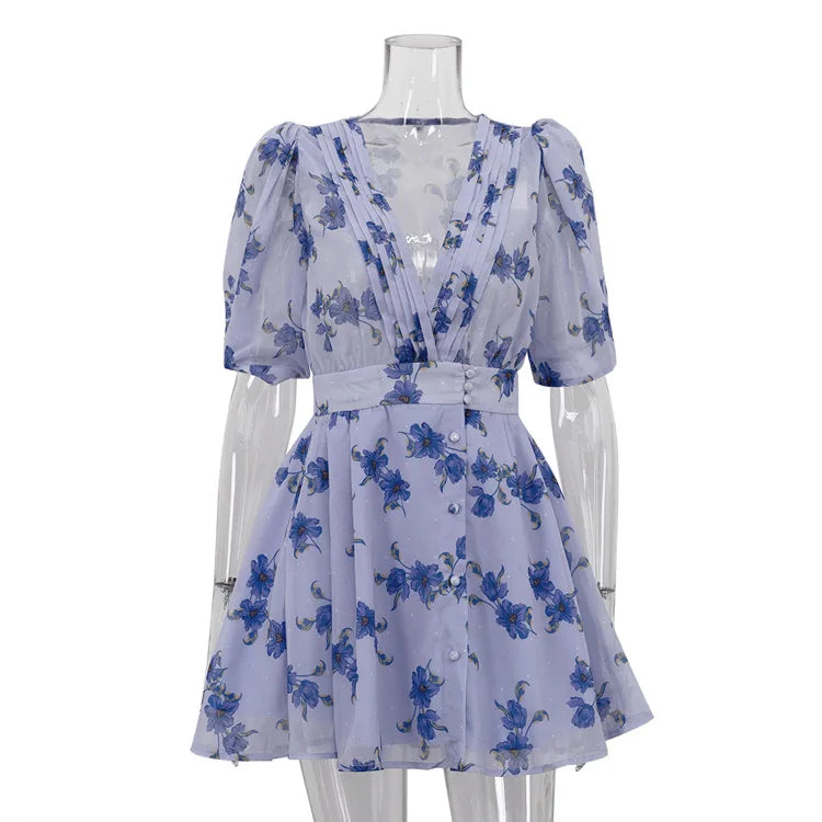 LIZAKOSHT  -  Deep V Neck Print Dress For Women Fashion Patchwork Pleated See Through Mini Dresses Slim Sexy Party A-Line Dress 2025