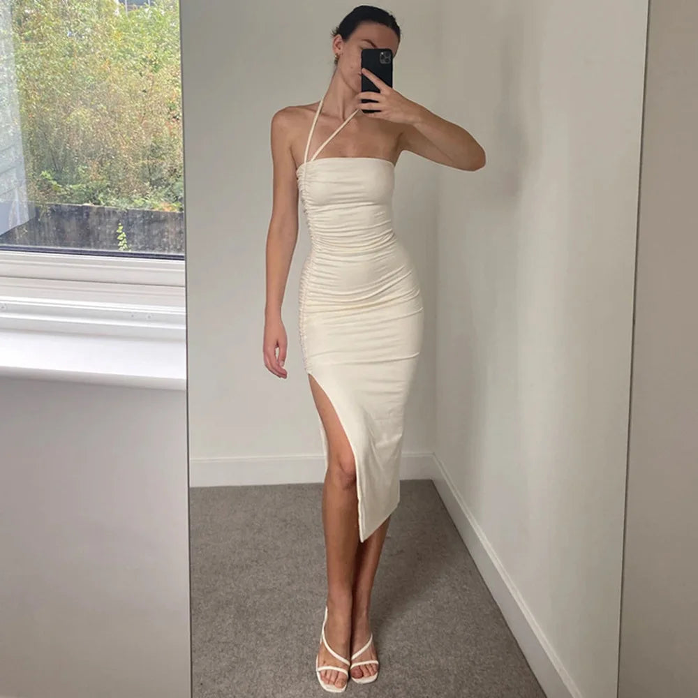 LIZAKOSHT  -  Summer New Dstring Pleated ter Dr Sexy Tight Wrap around Bodycon Long Skirt without Sve Polyester Fiber Midi Dr
