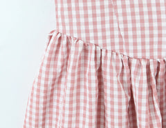 LIZAKOSHT  -  Sweet Pink Plaid Print Bow V neck Short Puff Sleeve Dress Women Low Waist Spliced Ruched Swing Ball Gown Vestidos Femme Robe