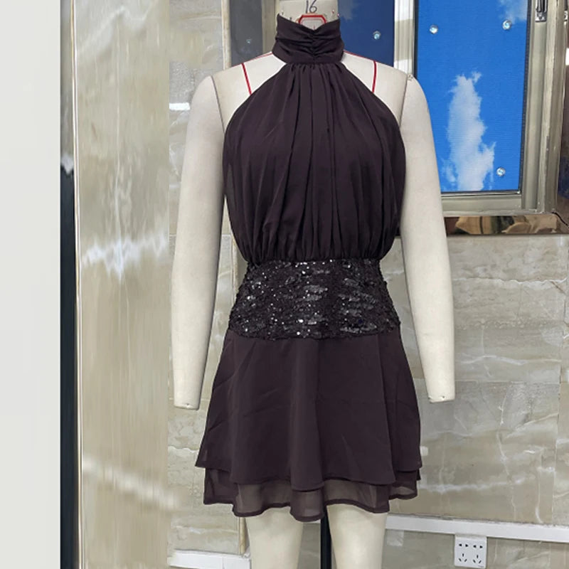 LIZAKOSHT  -  Women Ruffle Halter Neck Mini Dress Mock Neck Open Back Tiered Dress Y2K Mesh Layered Dresses Cocktail Evening Wear