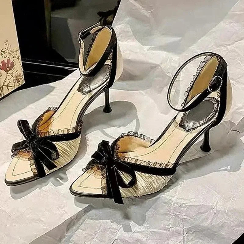 LIZAKOSHT  -  Sexy Lace Bowknot High Heels Women Pleated Designer Sandals Female Satin Pointed Toe Pumps Banquet Party Shoes Ladies