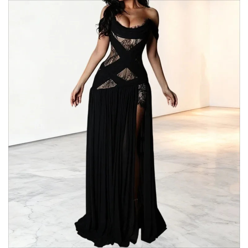 LIZAKOSHT  -  2026 Women's Elegant New Sexy Lace Stitching Slightly Sheer Slit Dress