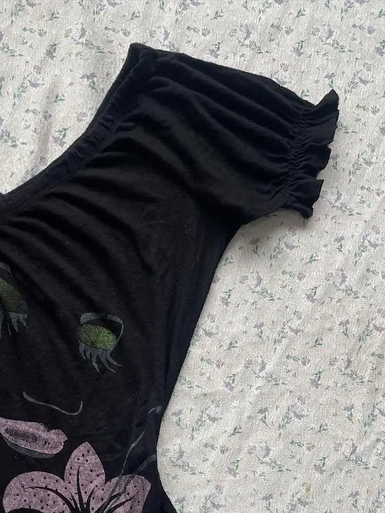 LIZAKOSHT  -  Y2k Aesthetic Flower Printing Women Grunge T-shirts Vintage Slim Harajuku Sexy Black Tshirts 2024 Summer Bottoming Crop Tops