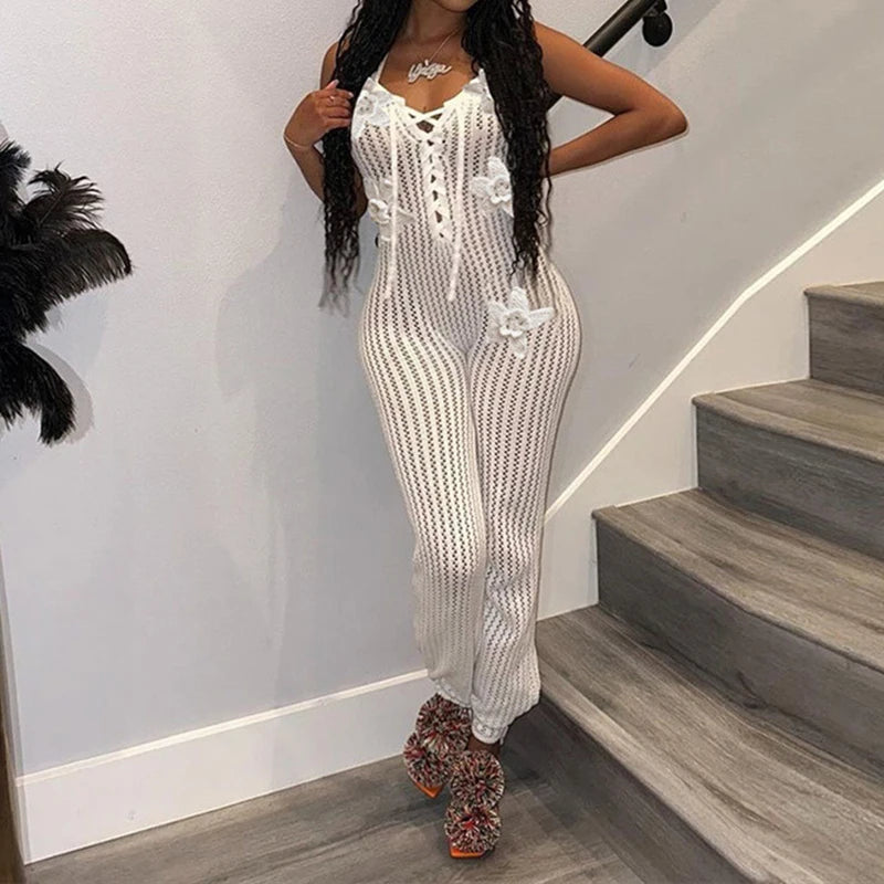 LIZAKOSHT  -  Knitted Halter High Elasticity See Through Halter Backless Solid Color Floral Appliques Club Street Low Cut Jumpsuit for Women