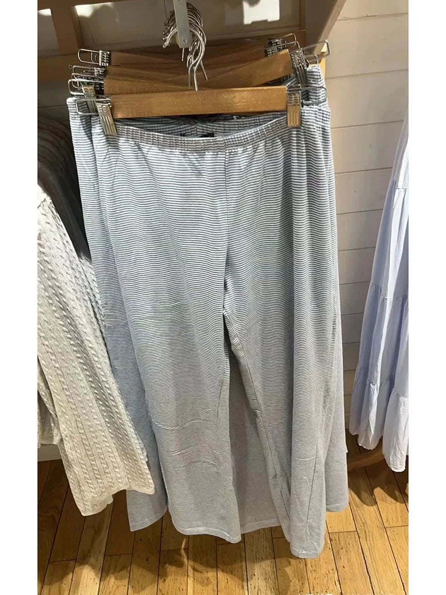 LIZAKOSHT  -  Women New Blue Striped Cotton Pajama Pants Vintage High Waist Loose Straight Trousers Summer Sweet Casual Home Long Pant Y2k