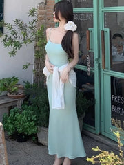 LIZAKOSHT  -  Summer Spaghetti Straps Slim Midi Dress With White T-shirt Women Casual Solid Simple Party Vestidos Holiday Beach Outfits