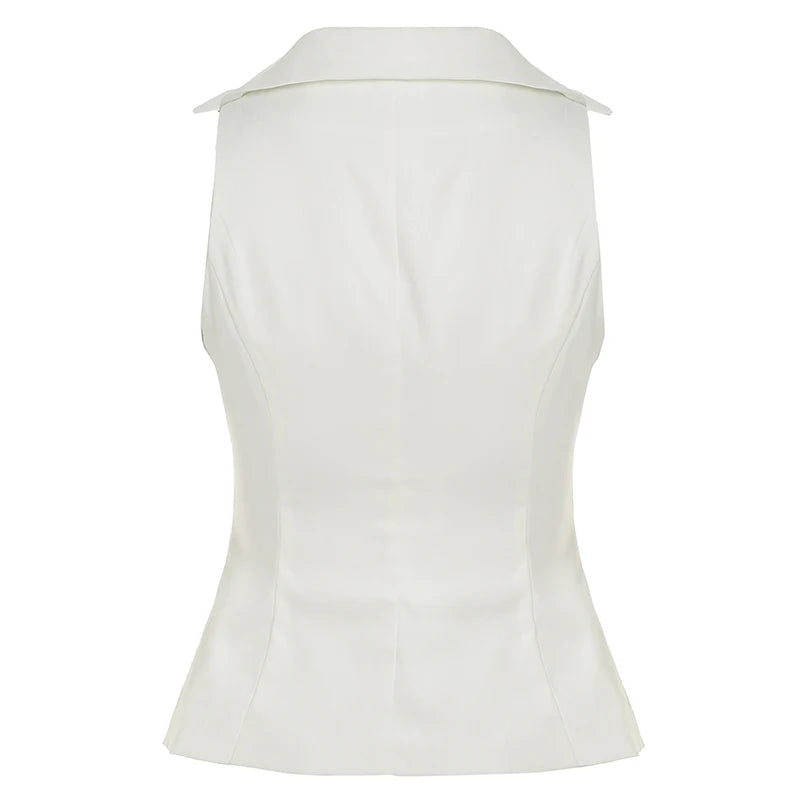 LIZAKOSHT  -  Women Casual V-neck Buttons Sleeveless Shirt Vest Minimalist Office Wear Lady Waistcoat Fashion Elegant White Tanks