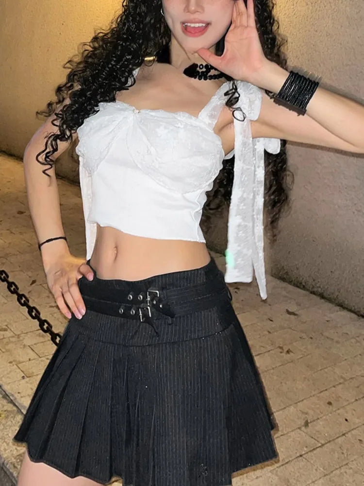 LIZAKOSHT  -  Y2k Aesthetics Lace Patchwork Tank Tops Sweet Bandage Harajuku Crop Vest Streetwear 3D Flower Slim Fit Grunge White E-girl Tanks