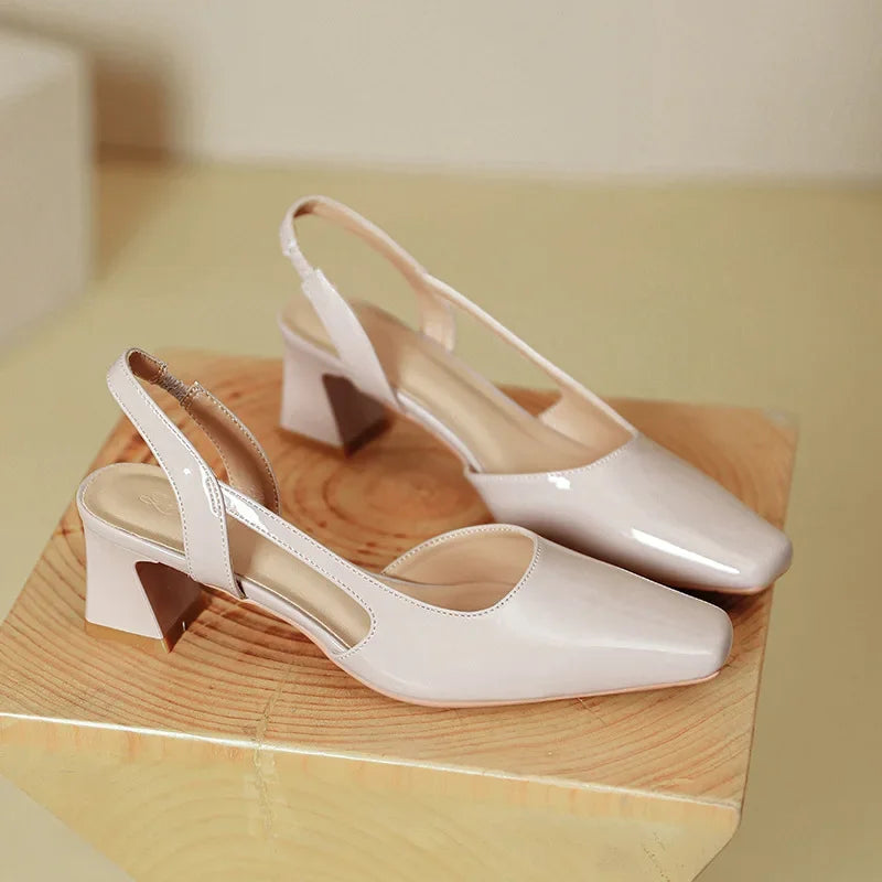 LIZAKOSHT  -  Patent Leather Chunky Sandals Women Square Toe Pumps Elegant Office Women Shoes Comfort Leisure Fashion High Heels Sandals Women