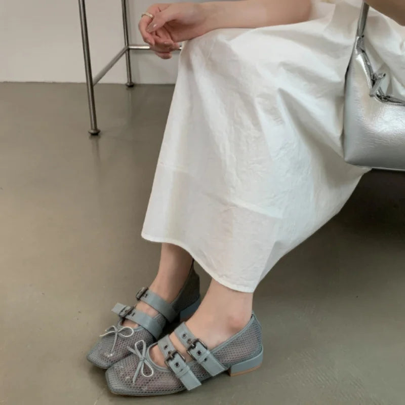 LIZAKOSHT  -  Summer Designer Mesh Women Ballet Shoes Fashion Butterfly-Knot Shoes SQUARE BUCKLE Beach Roman Sandals