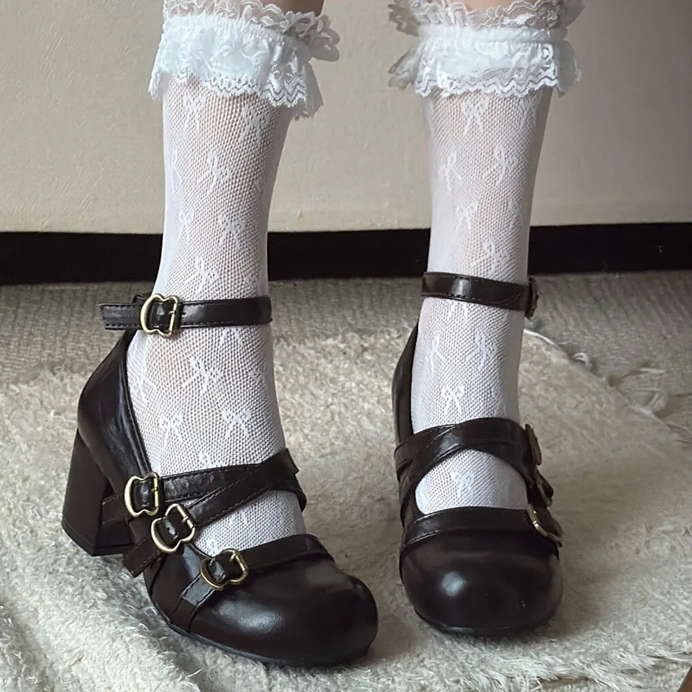 LIZAKOSHT  -  Gothic Retro Black Bucke Straps Pumps Vintage Brown Mary Janes Shoes Women Cute Burgundy Lolita 6cm Block High Heels Pumps
