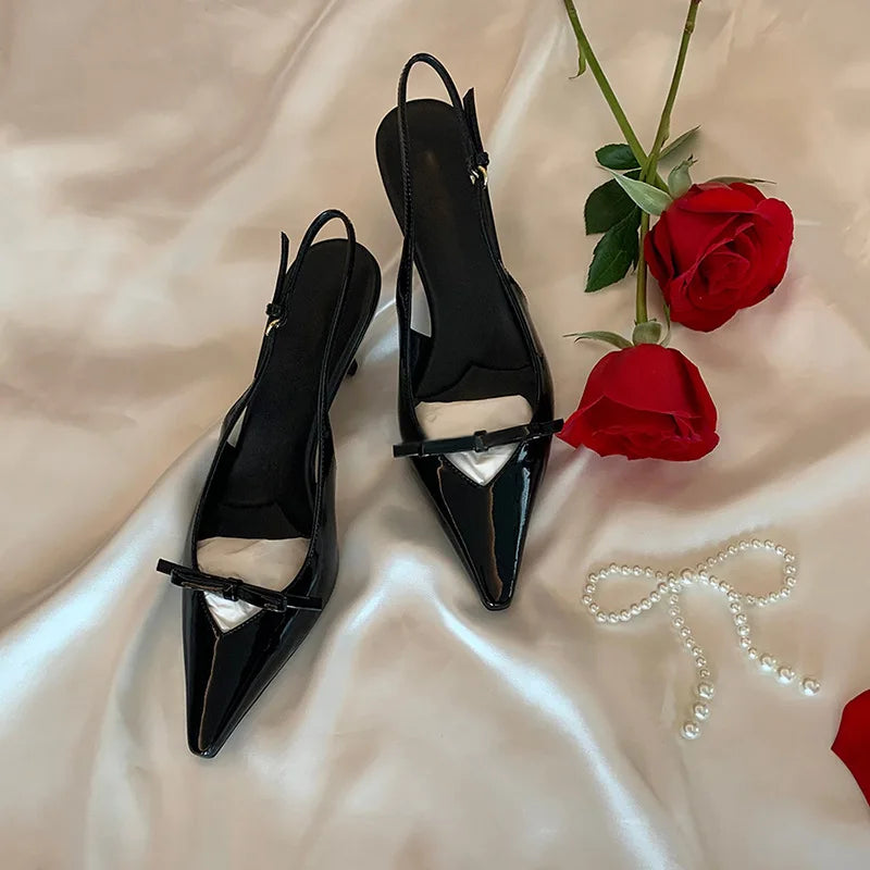 LIZAKOSHT  -   Women Nude Pink Leather Pointed Toe Thin Heel Sandals Summer Delicate Butterfly Knot Fairy Style Comfortable Wedding Dress Shoes