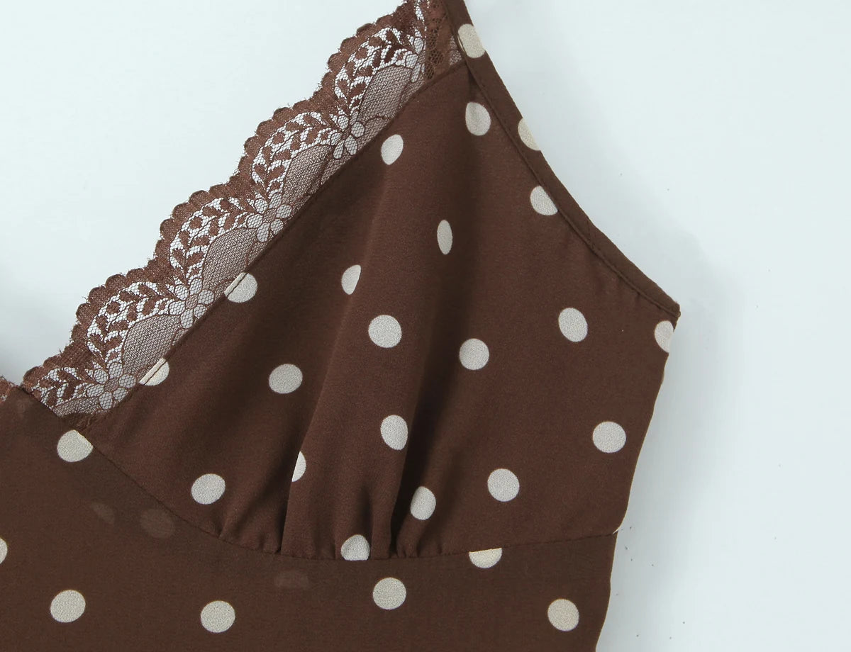 LIZAKOSHT  -  Sexy Coffee Polka Dot Print Spliced Lace V Collar Sling Dress Women Lacing up Strap Backless Long Dresses Femme Vestidos Robe