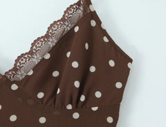 LIZAKOSHT  -  Sexy Coffee Polka Dot Print Spliced Lace V Collar Sling Dress Women Lacing up Strap Backless Long Dresses Femme Vestidos Robe