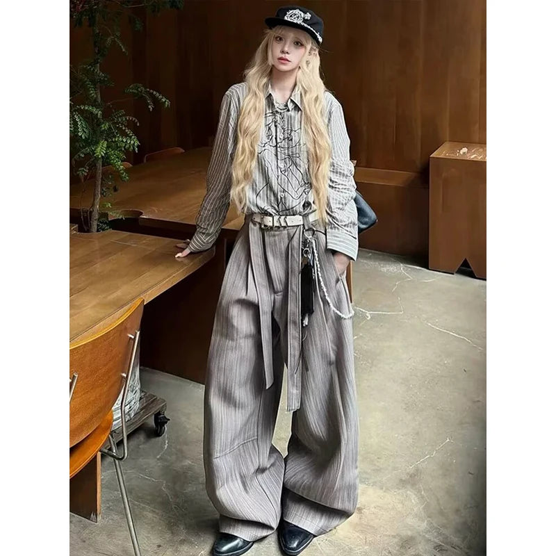 LIZAKOSHT  -  Women's Autumn Winter Striped High Waist Trousers Office Girl Retro Straight Pants Female Wide Leg Streetwear