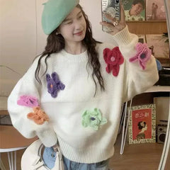 LIZAKOSHT  -  3D Floral Sweet Knit Sweater Women Loose Casual Lazy Wind Cute Long Sleeve Pullovers French Fall Winter Solid O Neck Jumpers New