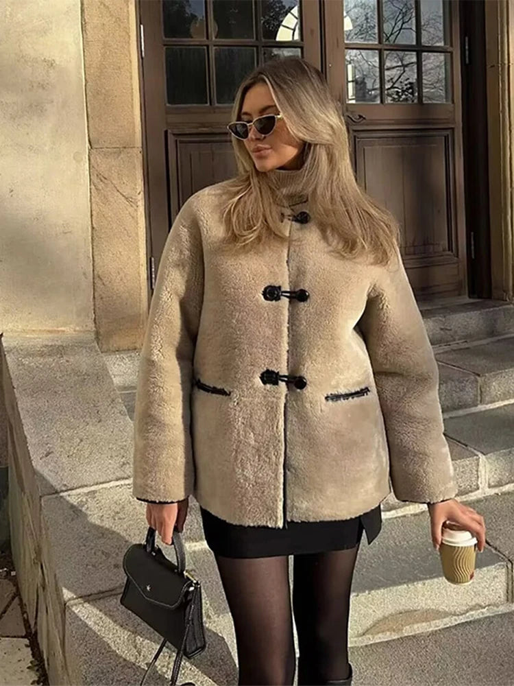 LIZAKOSHT  -  Mid Length Leather Fur One-Piece Jacket Coat Knot Buckle Lamb Faux Fur Overcoat Round Neck Women Classic Two Wear Outwear Top