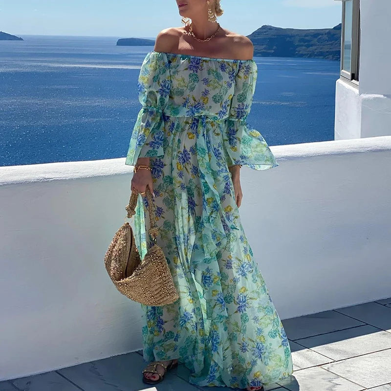 LIZAKOSHT  -  Elegant Flare Sleeve Female Dress Lady One Shoulder Lace-up Chiffon Vocation Dress Bohemian Elegant Draped Pleat Maxi Dress