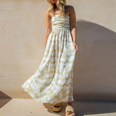 LIZAKOSHT  -  Women Strapless Dress Summer Abstract Print Ruched A-Line Dress for Cocktail Party Beach Streetwear Aesthetic Clothes