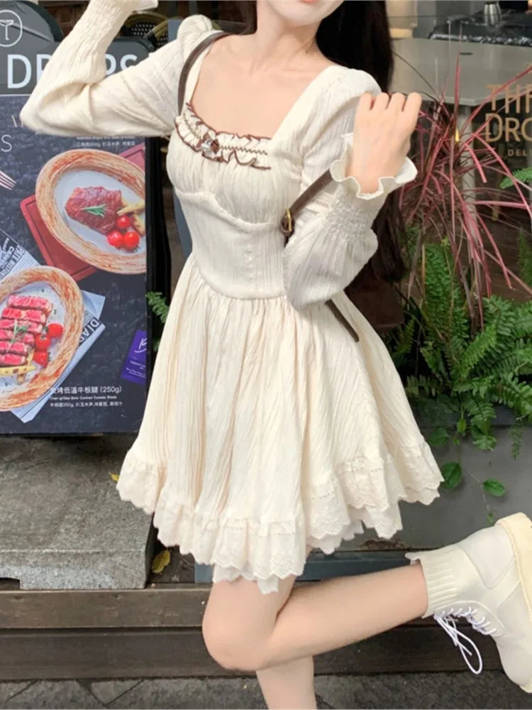 LIZAKOSHT  -  Sweet Apricot Short Dresses for Women Flare Sleeves Square Collar Ruffles A-line High Waist Korean Fashion Mini Vestidos Mujer