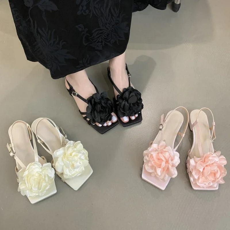 LIZAKOSHT  -  Designer Flower Sandals for Women Summer New Fashion Slingback Shoes Skirt Shallow Elegant Square Toe Low Heel Slippers Women