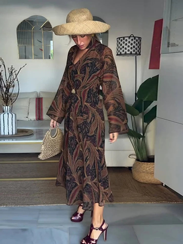 LIZAKOSHT  -  Fashion Boho Floral Print Maxi Dress For Women Elegant V-neck Long Sleeve A-line Dress With Scarf Lady Spring Chic Robes