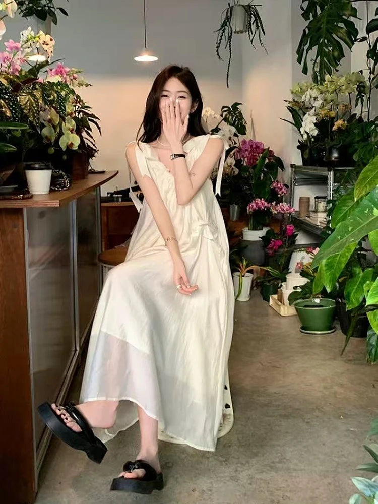 LIZAKOSHT  -  Summer Chiffon Bow Camis Dress Women Summer Irregular Sleeveless Midi Dress Loose Beach Vacation All Match A Line Vestidos