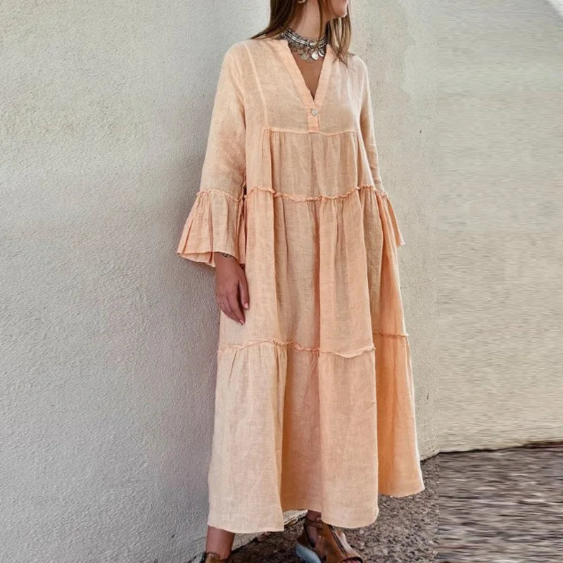 LIZAKOSHT  -  Sexy V-neck Flared Sleeve Loose Long Dress Fashion Button Pleated Solid Maxi Dress Spring Autumn Casual Cotton Linen Party Dress