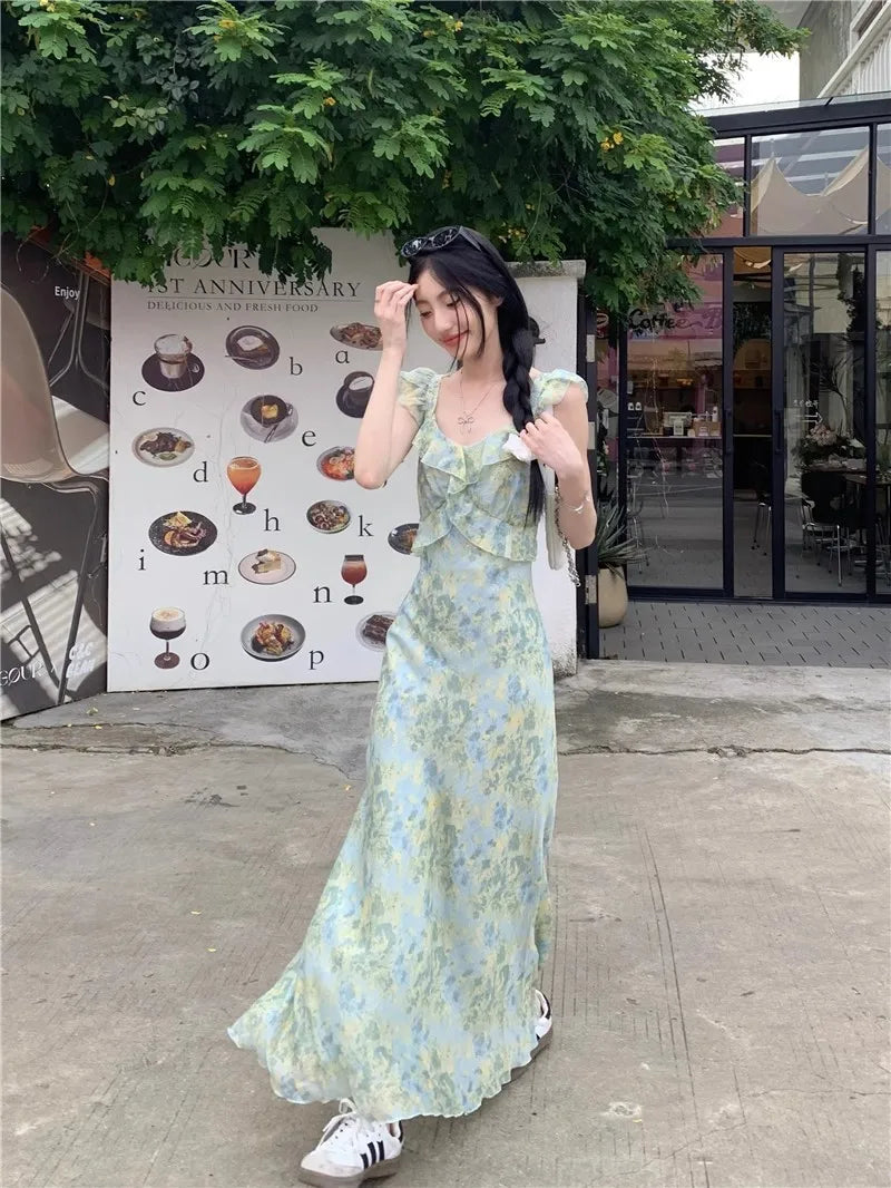 LIZAKOSHT  -  Women's French Style Floral Spaghetti Strap Maxi Dress Beach Vacation Dress