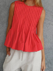 LIZAKOSHT  -  Women s Sleeveless Pleated Tank Top with Round Neck and Ruffled Hem - Solid Color Casual Summer Streetwear Shirt