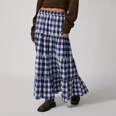 LIZAKOSHT  -  Y2k Women Gingham Tiered Maxi Skirts A Line Ruffle Plaid Midi Skirt Summer Beach Casual Loose Flowy Long Skirt