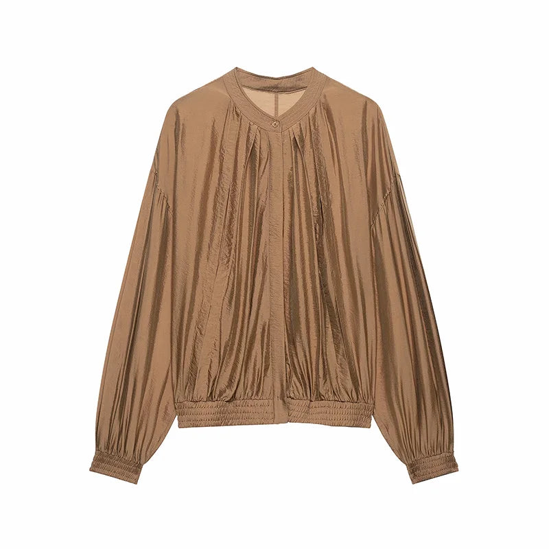 LIZAKOSHT  -  Women's Rushed Regular Shirt Puff Sleeve O-neck With Button Solid Loose Blouses Autumn Minimalist All-match Fashion Outwear