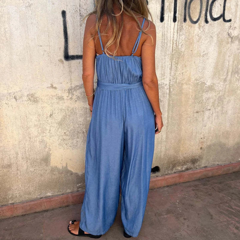LIZAKOSHT  -  Spring Summer Sleeveless Boho Jumpsuits Women U Neck Button Pocket Sling Playsuit Summer Backless Wide Leg Pants Romper Overalls