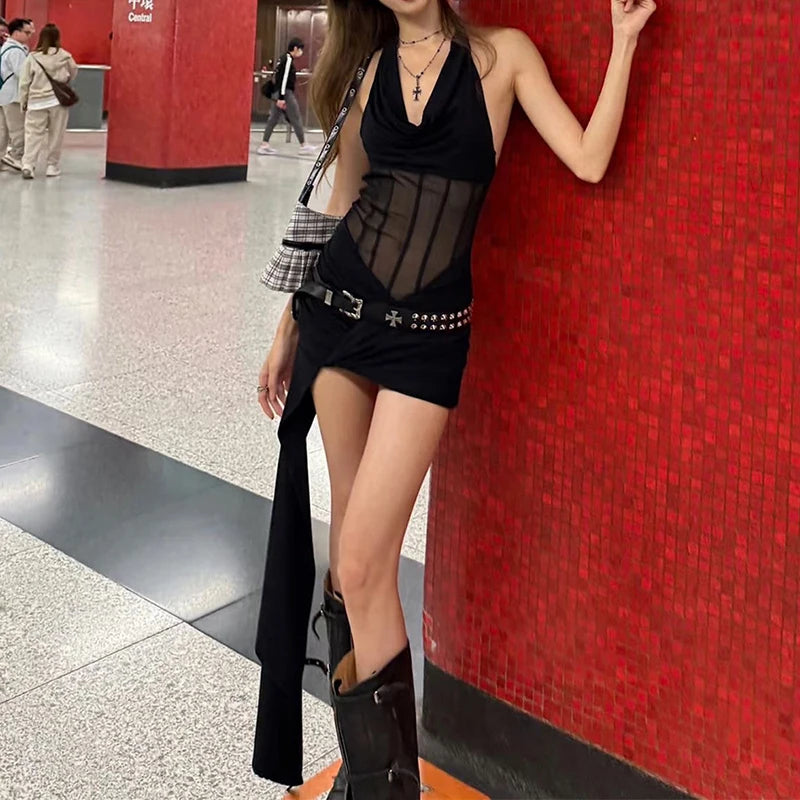 LIZAKOSHT  -  Halter V Neck Mesh Patchwork Skinny Y2k Nightclub Women Short Dress Open Back Sleeveless Summer Bodycon Streetwear Vestidos