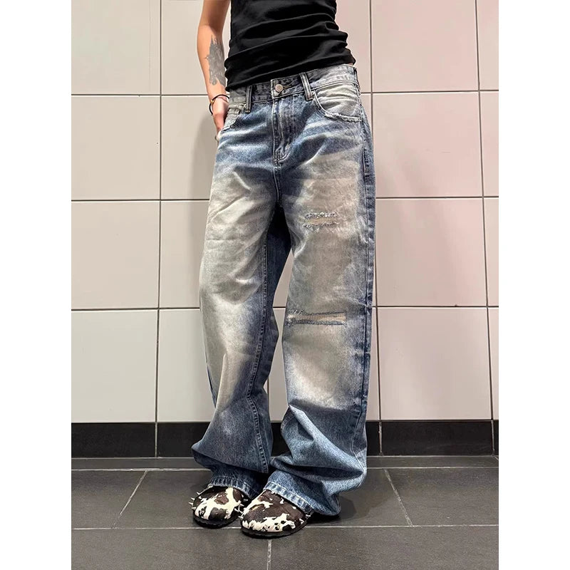 LIZAKOSHT  -  Blue Vintage Y2k Women Jeans Wash Harajuku Low Waist Japanese 2000s Style Denim Pants Baggy American Streetwear Summer