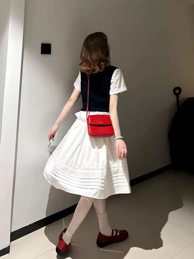 LIZAKOSHT  -  Korea Chic Patchwork 3-piece Set Women White Shirt + solid Vest + Short Skirt Suit Women Babydoll Collar Short-sleeved Set