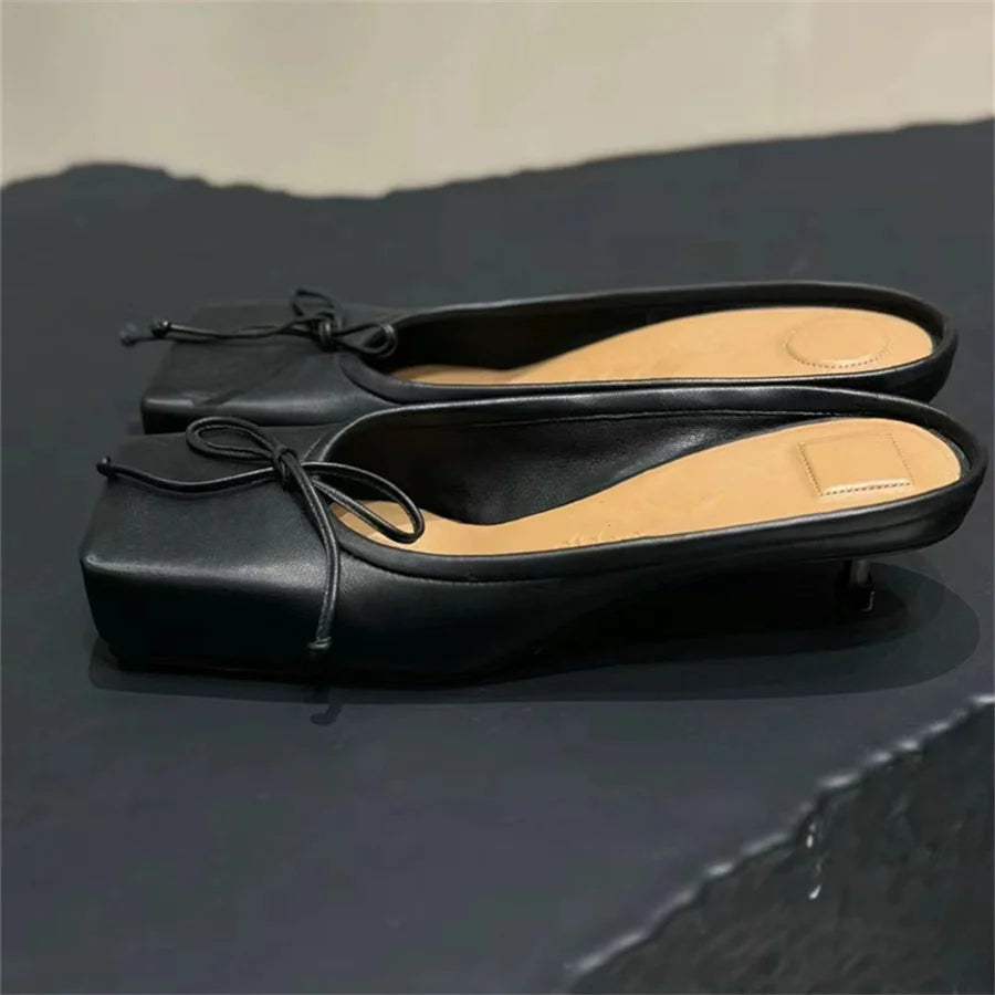 LIZAKOSHT  -  Fashion Square Toe Women Slippers High Heel Dress Pumps Red Shoes Woman Luxury Bowknot Ladies Sandals Runway Mules