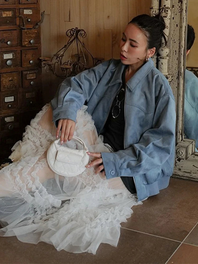 LIZAKOSHT  -  Lapel Long Sleeves Zipper Jacket Woman Straight Solid Color Casual Autumn Winter Coats Retro Street Fashion Women's New Jackets