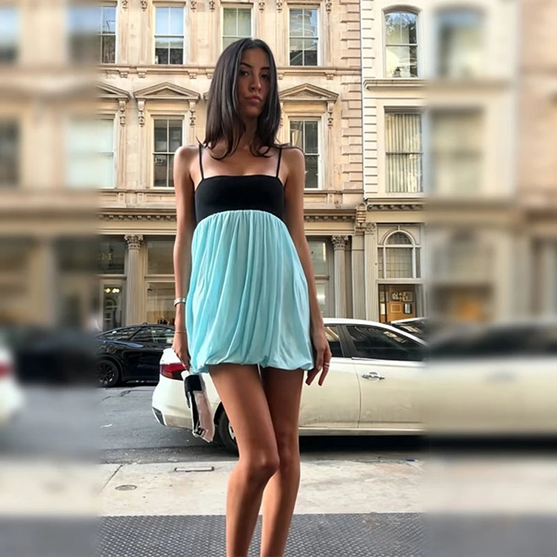 LIZAKOSHT  -  Fashion Sexy Women's Mini Sling Dress Color Blocking Sleeveless Ruched Fit Slim Bud Skirt NEW Summer Lady Party Dresses