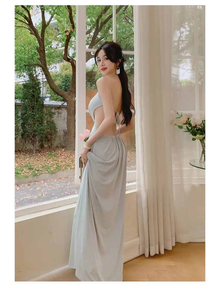 LIZAKOSHT -  Summer Sexy Hollow Out Women Long Dress Vintage V-neck Female Halter Clothing New Beach Style Backless Vestidos Robe