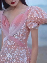 LIZAKOSHT  -  Sweet Pink Celebrity Dresses V-neck Pearl Floral Puff Sleeve A-line Sequins Detachable Bow Quinceanera Evening Prom Formal Gowns