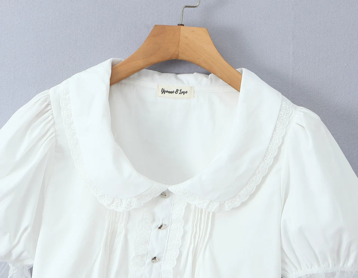 LIZAKOSHT  -  Stylish White Spliced Lace Short Puff Sleeve Shirt Women Peter Pan Collar Bow Hem Loose Crop Tops