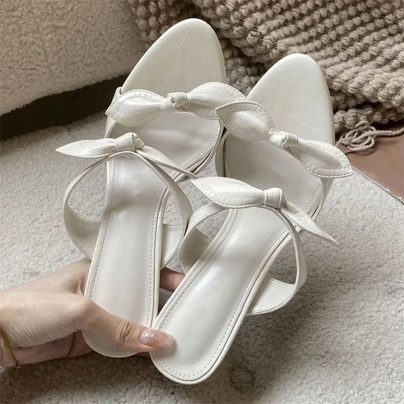 LIZAKOSHT  -  Fashion Women Pink Bow Knot High Heel Mules Open Toe Patent Leather Slip On Sandals Thin Heel Summer Party Dress Shoes