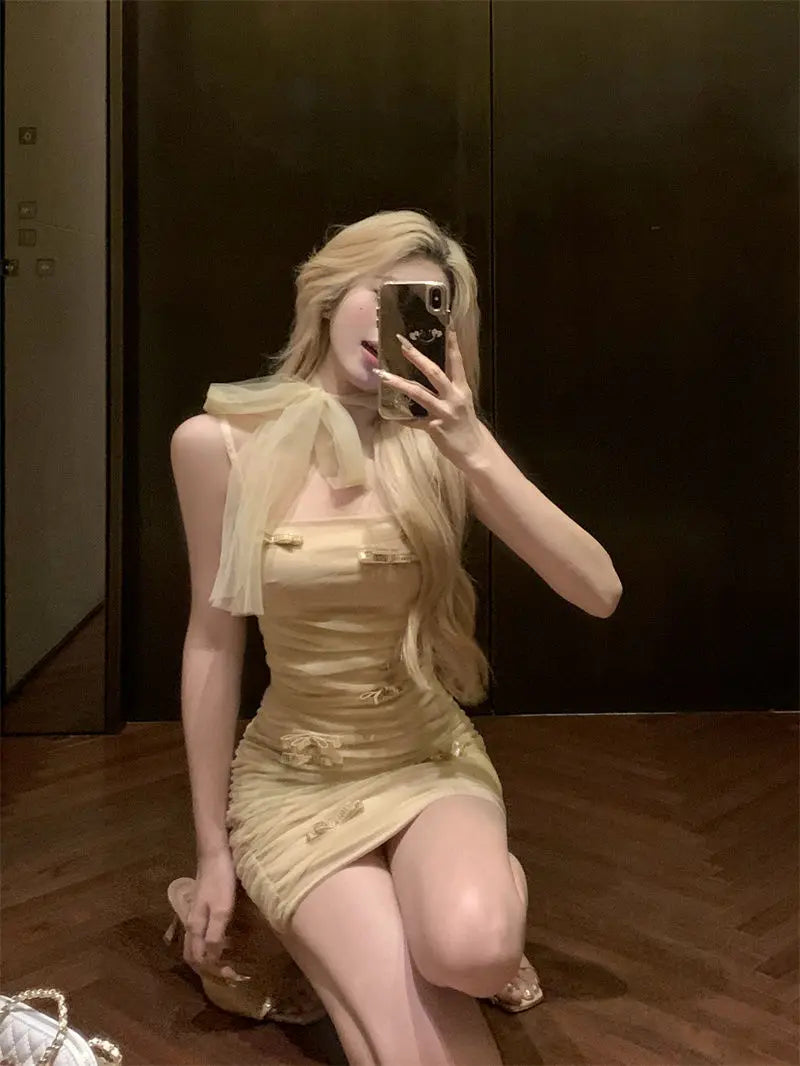 LIZAKOSHT  -  Bow Mesh Suspender Dress for Women Yellow Short Skirt Sexy Pure Slutty Tight Waist Pack