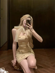 LIZAKOSHT  -  Bow Mesh Suspender Dress for Women Yellow Short Skirt Sexy Pure Slutty Tight Waist Pack