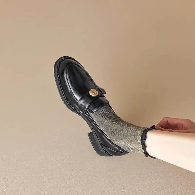LIZAKOSHT  -  Women's British Shoe Autumn New Thick Heel Women Leather Shoe Versatile Anti Slip Women Casual Shoes Gold Buckle Women's Loafers