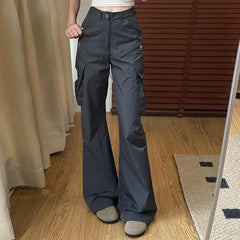 LIZAKOSHT  -  Korean Cargo Pants For Women High Waist Pockets Casual Fashion Trousers New Bottoms High Waist Black Vintage Pantalon Femme